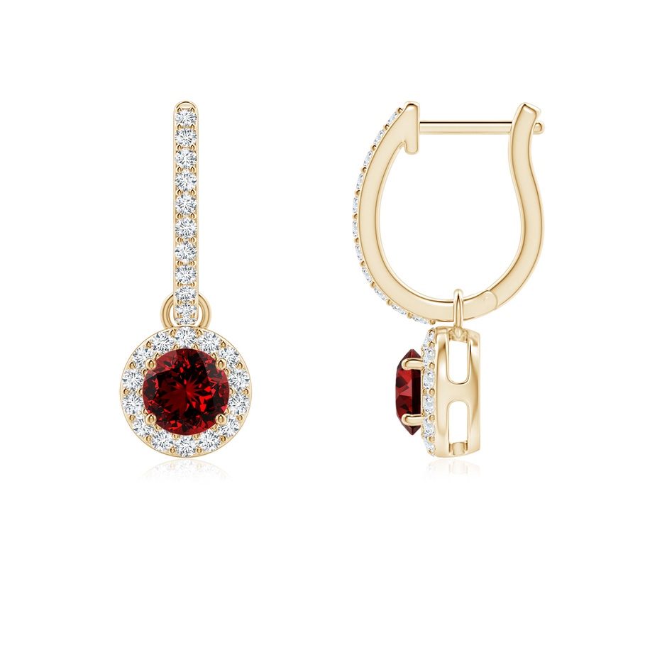 4mm Labgrown Lab-Grown Round Ruby Dangle Earrings with Diamond Halo in Yellow Gold 