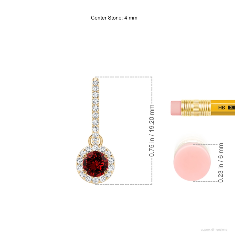 4mm Labgrown Lab-Grown Round Ruby Dangle Earrings with Diamond Halo in Yellow Gold ruler