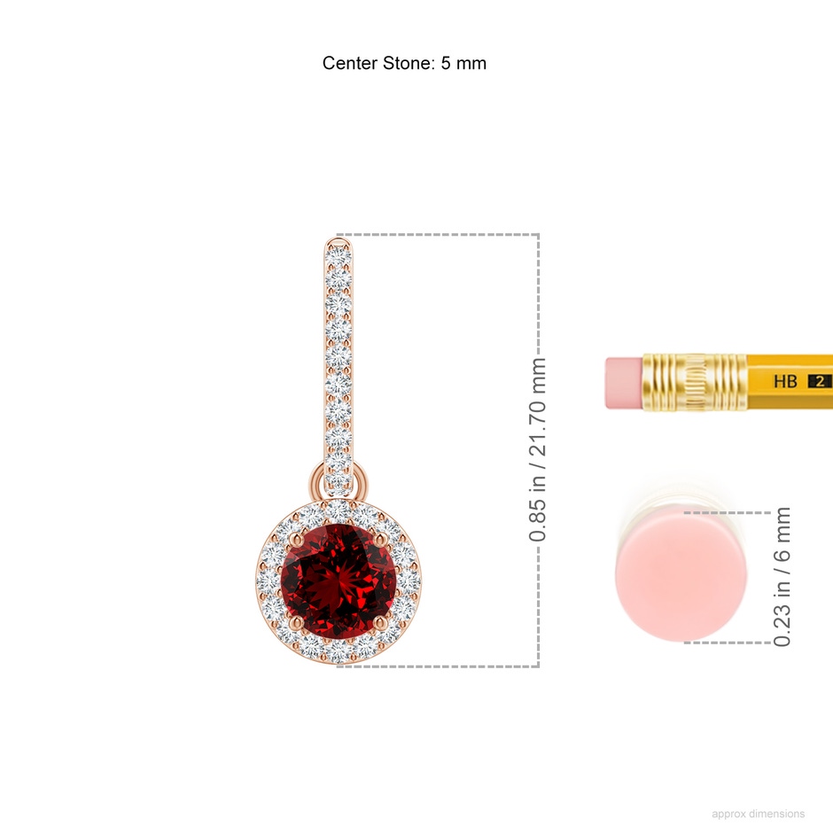 5mm Labgrown Lab-Grown Round Ruby Dangle Earrings with Diamond Halo in Rose Gold ruler