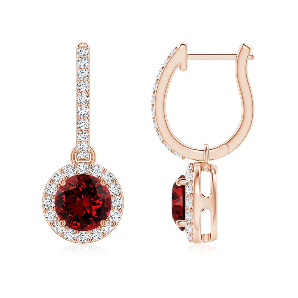 6mm Labgrown Lab-Grown Round Ruby Dangle Earrings with Diamond Halo in Rose Gold