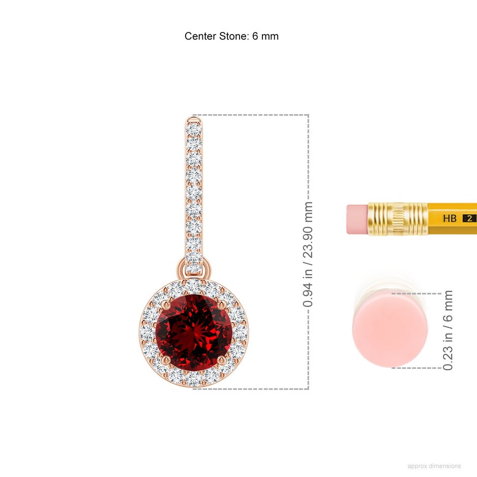6mm Labgrown Lab-Grown Round Ruby Dangle Earrings with Diamond Halo in Rose Gold ruler