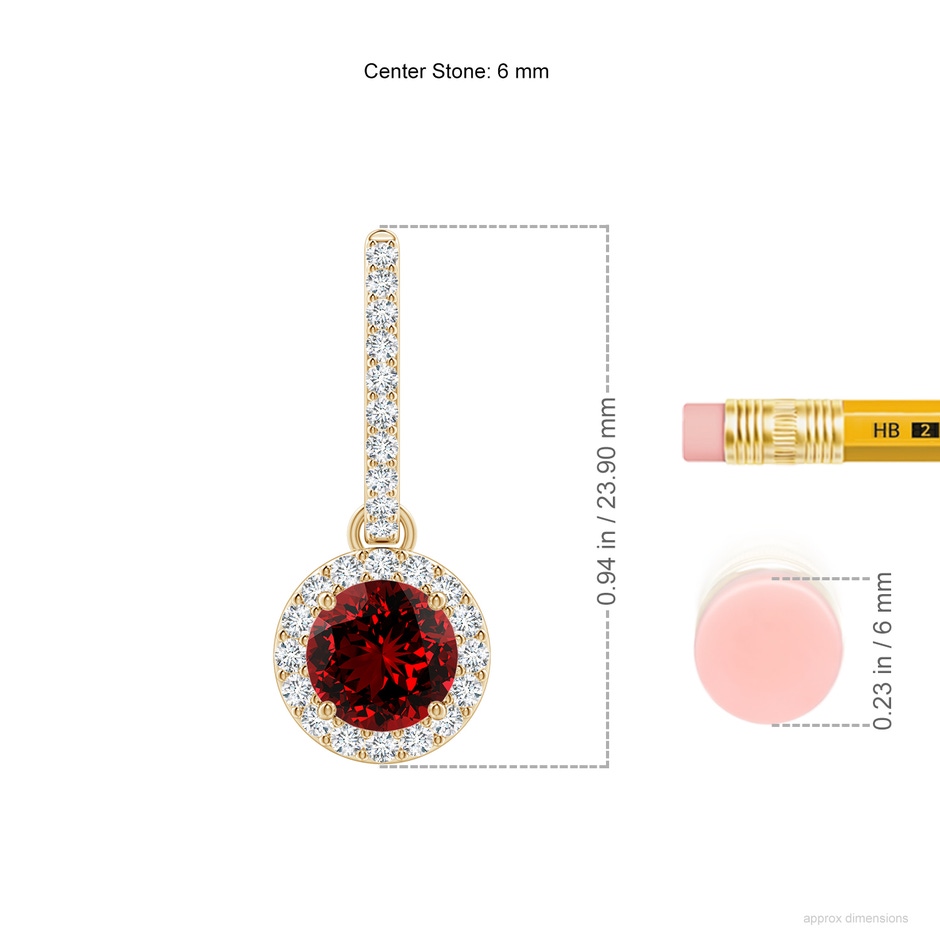 6mm Labgrown Lab-Grown Round Ruby Dangle Earrings with Diamond Halo in Yellow Gold ruler