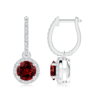 7mm Labgrown Lab-Grown Round Ruby Dangle Earrings with Diamond Halo in P950 Platinum