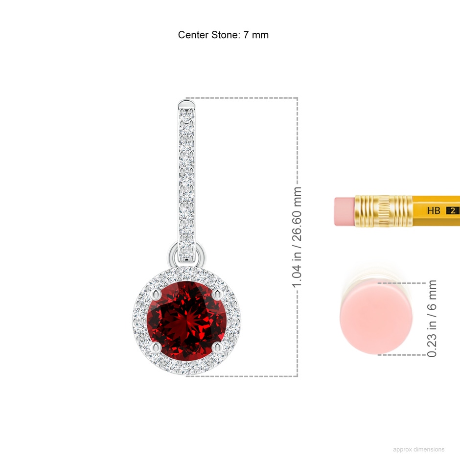 7mm Labgrown Lab-Grown Round Ruby Dangle Earrings with Diamond Halo in White Gold ruler