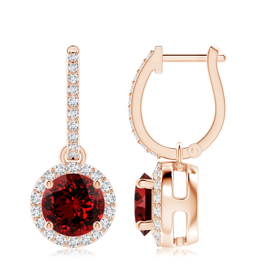 8mm Labgrown Lab-Grown Round Ruby Dangle Earrings with Diamond Halo in 10K Rose Gold