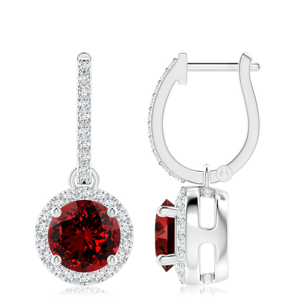 8mm Labgrown Lab-Grown Round Ruby Dangle Earrings with Diamond Halo in P950 Platinum