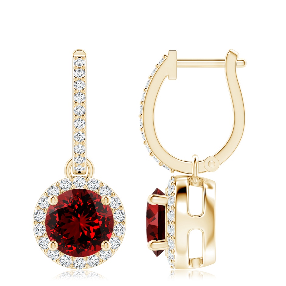8mm Labgrown Lab-Grown Round Ruby Dangle Earrings with Diamond Halo in Yellow Gold 