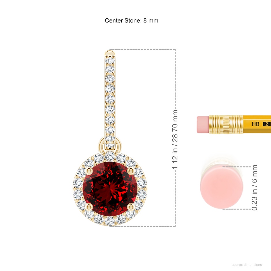 8mm Labgrown Lab-Grown Round Ruby Dangle Earrings with Diamond Halo in Yellow Gold ruler