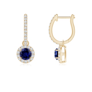 4mm Labgrown Lab-Grown Round Blue Sapphire Dangle Earrings with Diamond Halo in 9K Yellow Gold