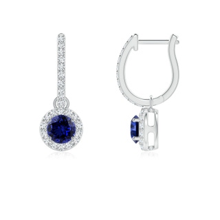 4mm Labgrown Lab-Grown Round Blue Sapphire Dangle Earrings with Diamond Halo in White Gold