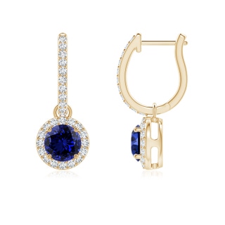 5mm Labgrown Lab-Grown Round Blue Sapphire Dangle Earrings with Diamond Halo in 9K Yellow Gold