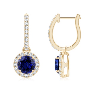 6mm Labgrown Lab-Grown Round Blue Sapphire Dangle Earrings with Diamond Halo in 9K Yellow Gold
