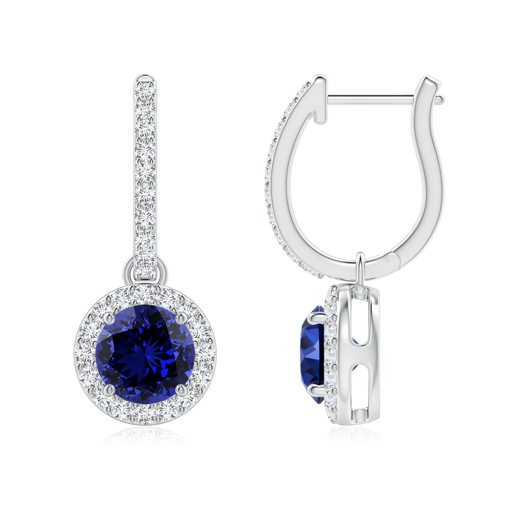 6mm Labgrown Lab-Grown Round Blue Sapphire Dangle Earrings with Diamond Halo in White Gold