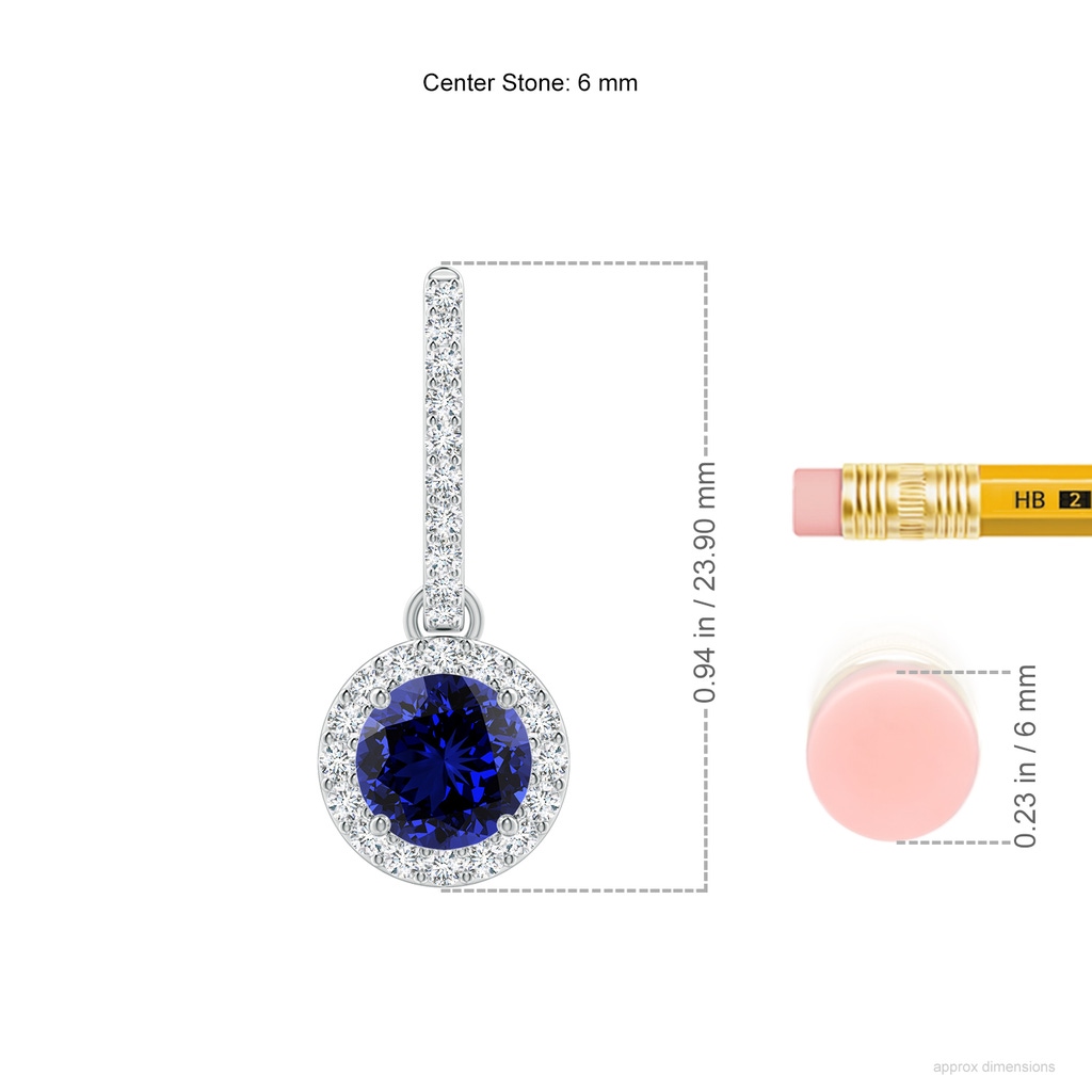 6mm Labgrown Lab-Grown Round Blue Sapphire Dangle Earrings with Diamond Halo in White Gold ruler