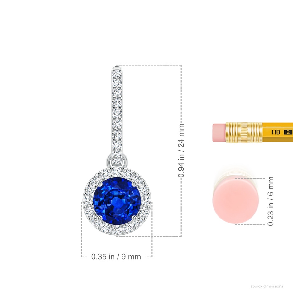 6mm Labgrown Lab-Grown Round Blue Sapphire Dangle Earrings with Lab Diamond Halo in White Gold ruler