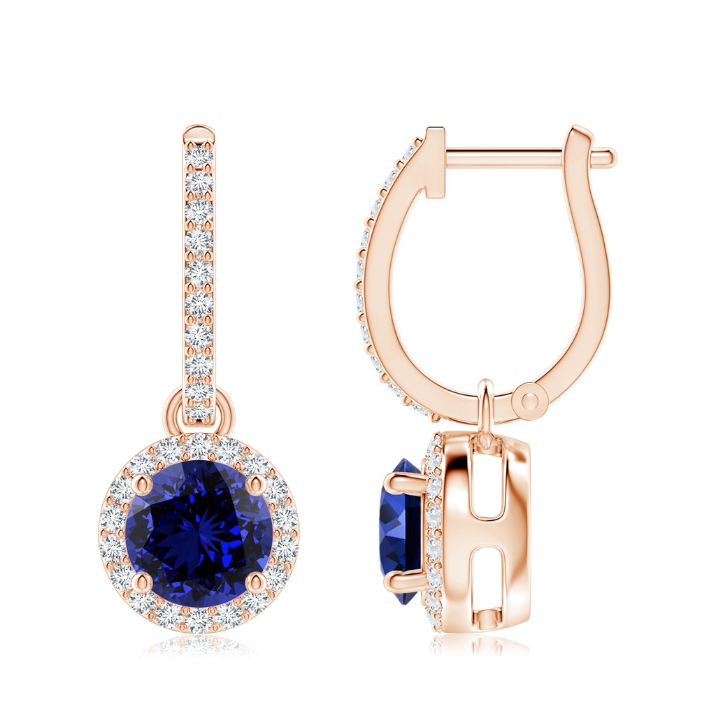 7mm Labgrown Lab-Grown Round Blue Sapphire Dangle Earrings with Diamond Halo in Rose Gold