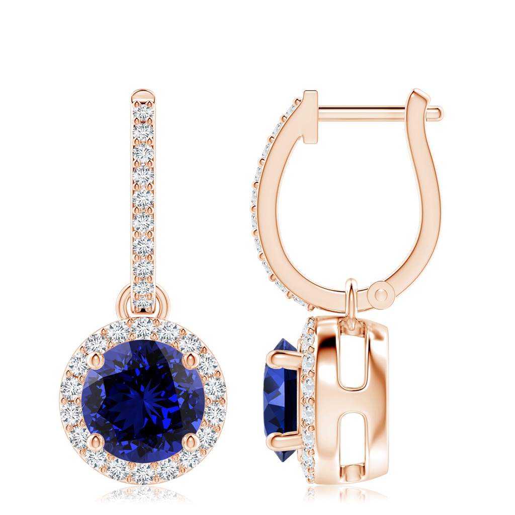 8mm Labgrown Lab-Grown Round Blue Sapphire Dangle Earrings with Diamond Halo in 10K Rose Gold