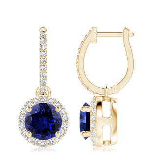 8mm Labgrown Lab-Grown Round Blue Sapphire Dangle Earrings with Diamond Halo in 10K Yellow Gold