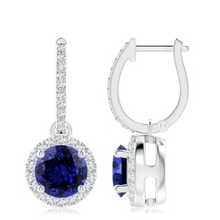8mm Labgrown Lab-Grown Round Blue Sapphire Dangle Earrings with Diamond Halo in P950 Platinum