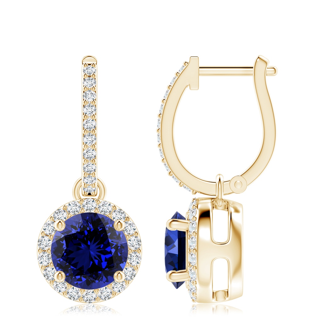 8mm Labgrown Lab-Grown Round Blue Sapphire Dangle Earrings with Diamond Halo in Yellow Gold