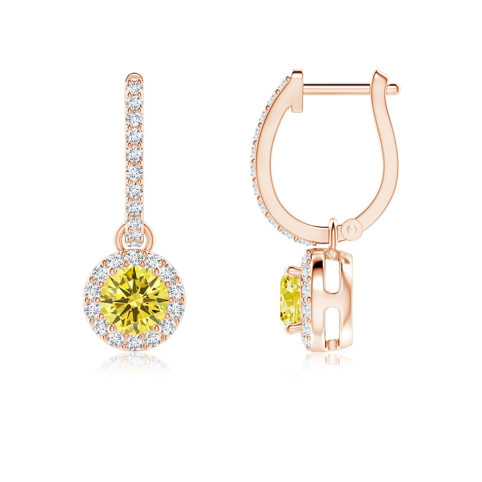 4.5mm Labgrown Round Lab-Grown Fancy Intense Yellow Diamond Dangle Earrings with Halo in Rose Gold 