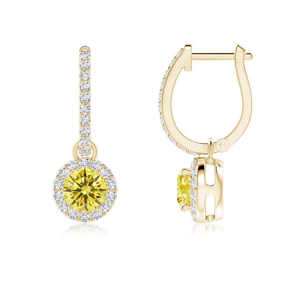 4.5mm Labgrown Round Lab-Grown Fancy Intense Yellow Diamond Dangle Earrings with Halo in Yellow Gold