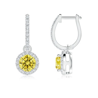 5.2mm Labgrown Round Lab-Grown Fancy Intense Yellow Diamond Dangle Earrings with Halo in White Gold