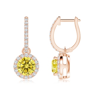 6.4mm Labgrown Round Lab-Grown Fancy Intense Yellow Diamond Dangle Earrings with Halo in Rose Gold