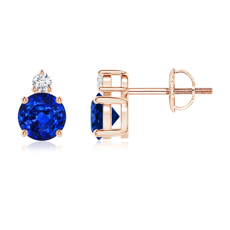 5mm Labgrown Lab-Grown Basket-Set Round Blue Sapphire Stud Earrings with Diamond in Rose Gold 