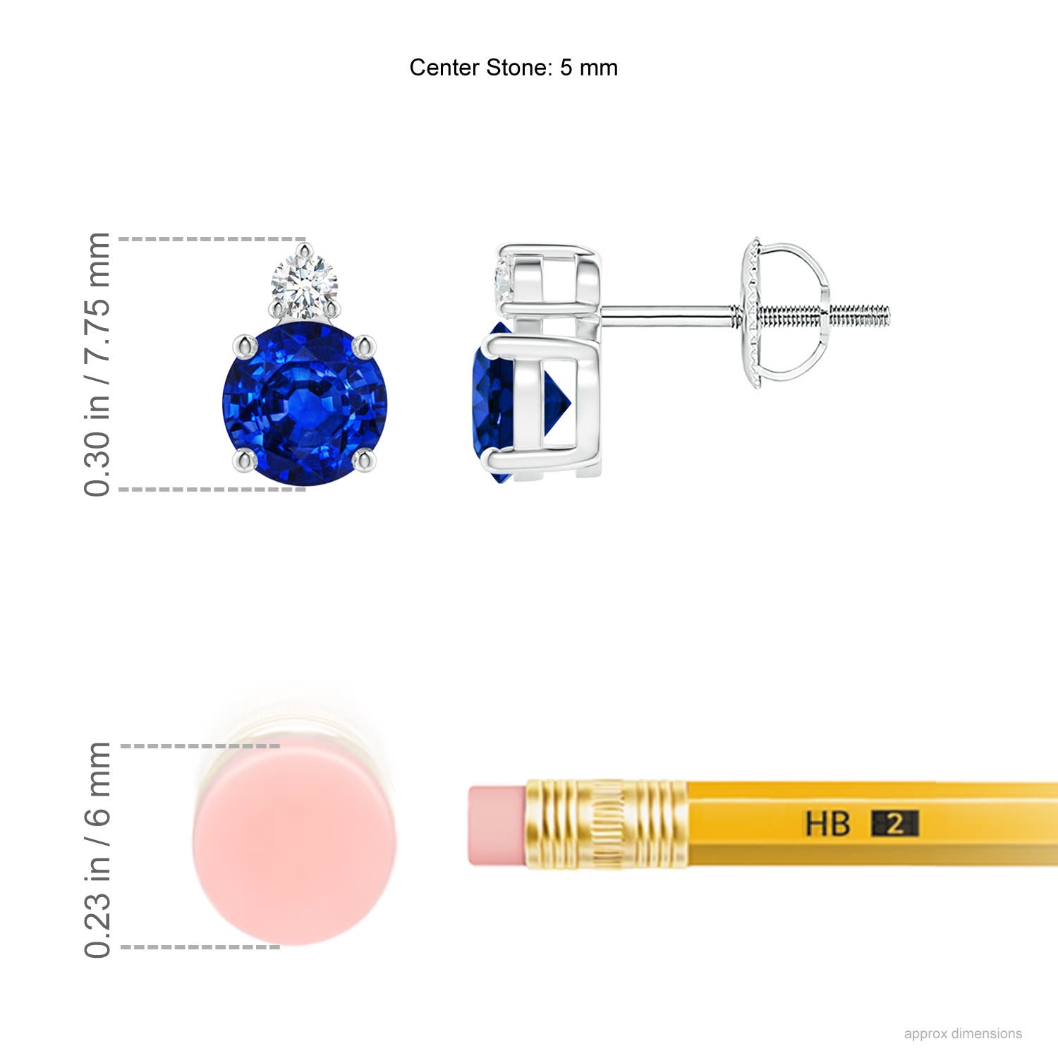 5mm Labgrown Lab-Grown Basket-Set Round Blue Sapphire Stud Earrings with Diamond in White Gold - ruler