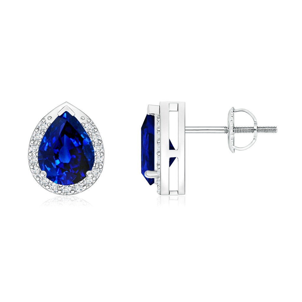 7x5mm Labgrown Lab-Grown Pear-Shaped Blue Sapphire Stud Earrings with Diamond Halo in White Gold