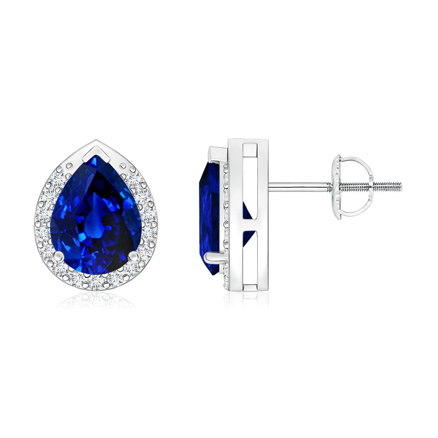 8x6mm Labgrown Lab-Grown Pear-Shaped Blue Sapphire Stud Earrings with Diamond Halo in 18CT White Gold