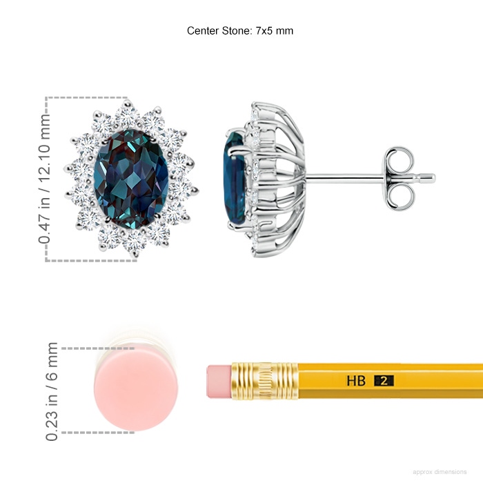 7x5mm Labgrown Oval Lab-Grown Alexandrite Flower Stud Earrings with Diamond Halo in 18K White Gold ruler