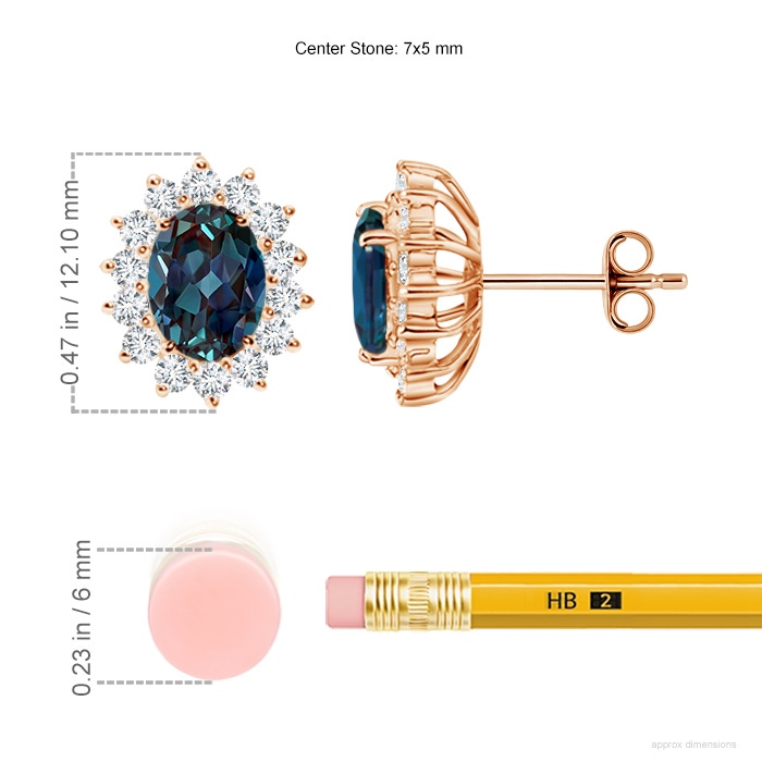 7x5mm Labgrown Oval Lab-Grown Alexandrite Flower Stud Earrings with Diamond Halo in Rose Gold ruler