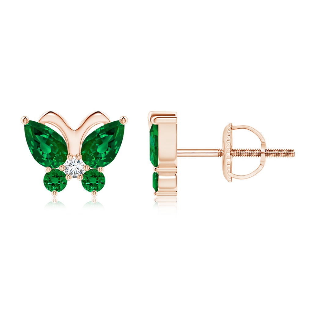 5x3mm Labgrown Lab-Grown Emerald Butterfly Stud Earrings with Lab Diamond in Rose Gold