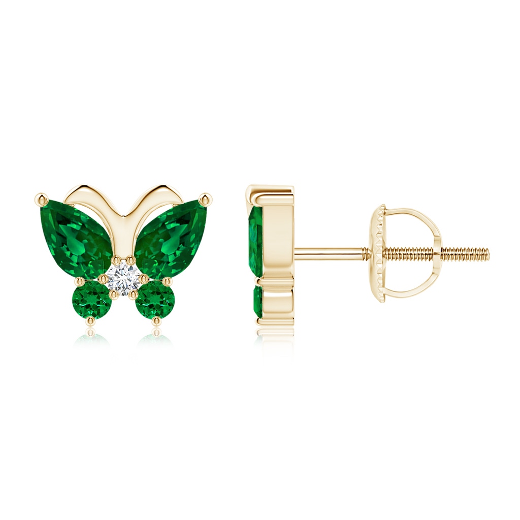 5x3mm Labgrown Lab-Grown Emerald Butterfly Stud Earrings with Lab Diamond in Yellow Gold
