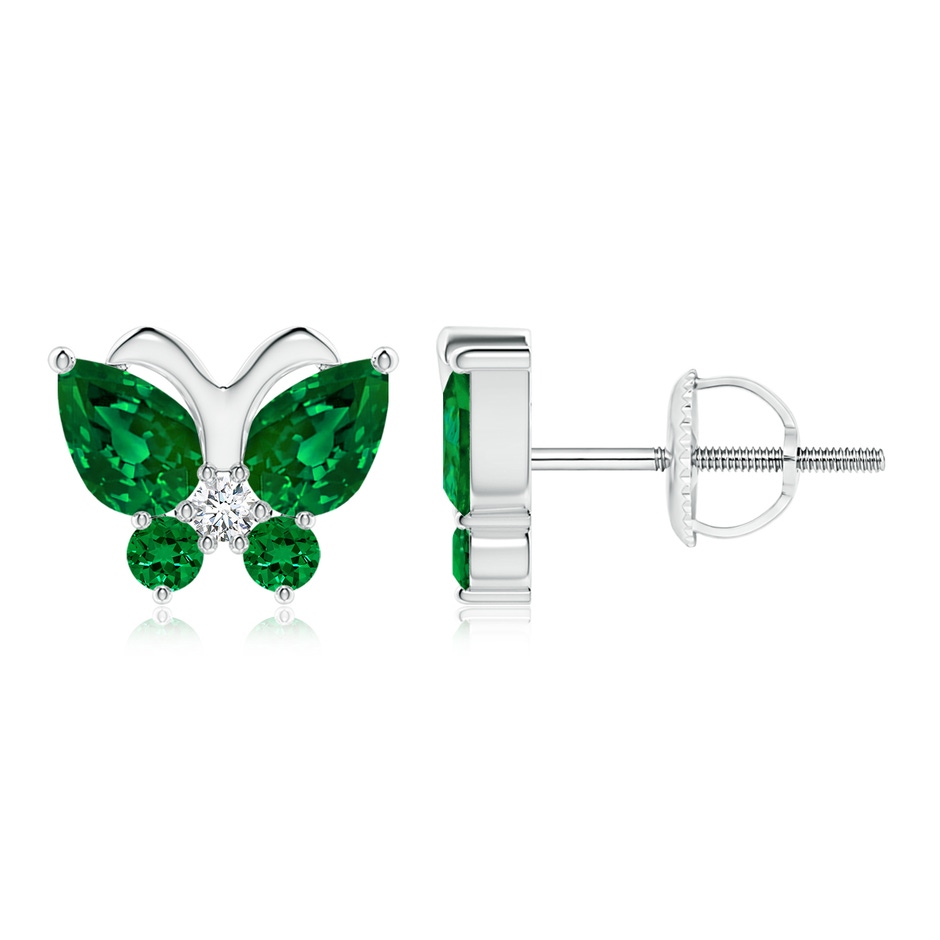 6x4mm Labgrown Lab-Grown Emerald Butterfly Stud Earrings with Lab Diamond in 18K White Gold 