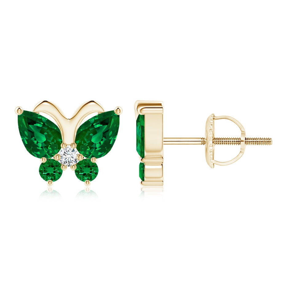 6x4mm Labgrown Lab-Grown Emerald Butterfly Stud Earrings with Lab Diamond in Yellow Gold 
