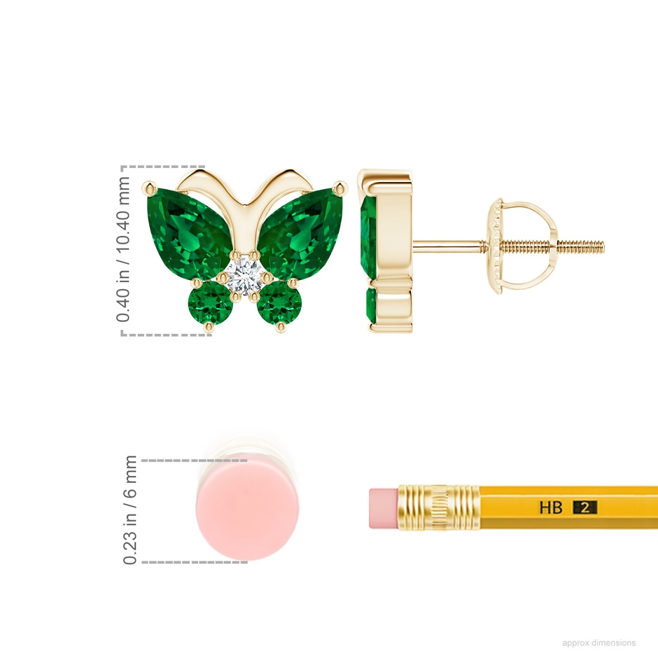 7x5mm Labgrown Lab-Grown Emerald Butterfly Stud Earrings with Lab Diamond in 18K Yellow Gold ruler