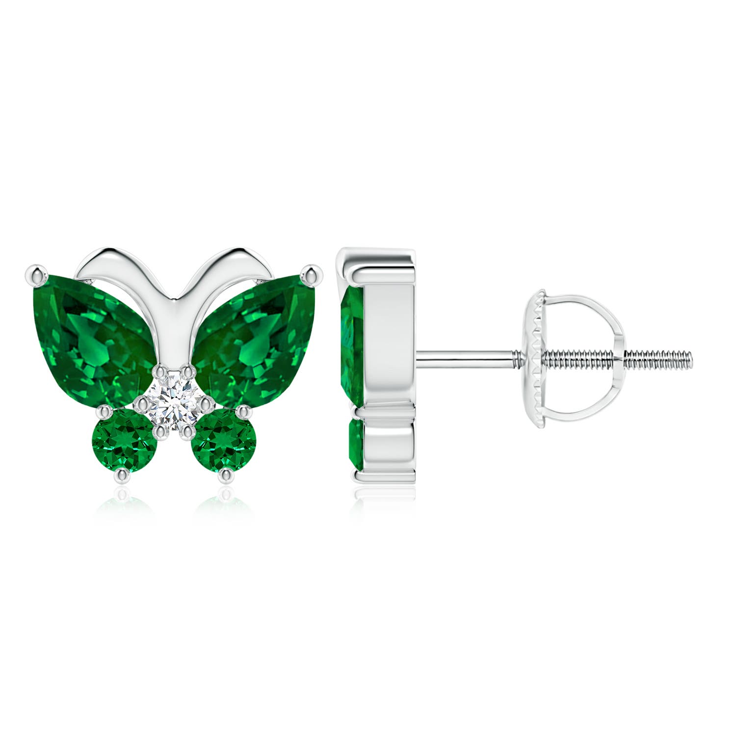 7x5mm Labgrown Lab-Grown Emerald Butterfly Stud Earrings with Lab Diamond in White Gold