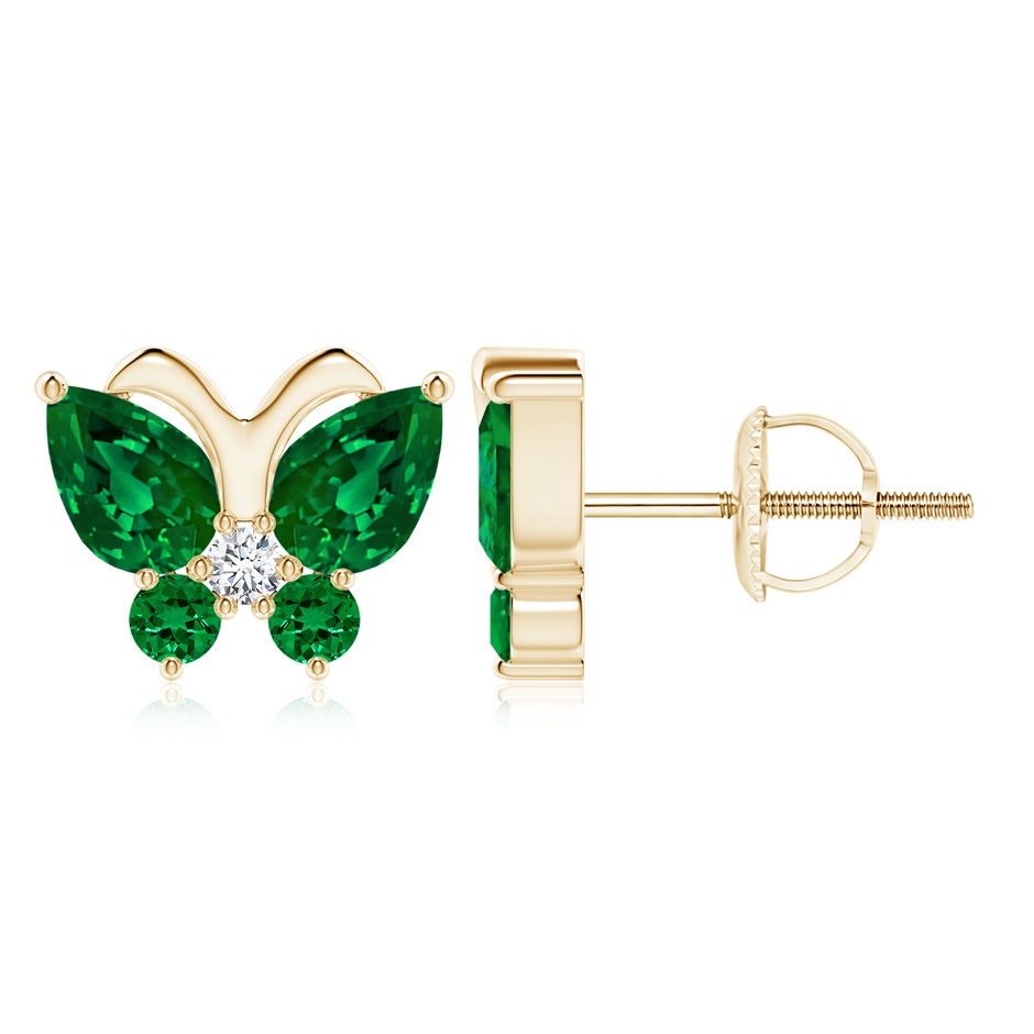 7x5mm Labgrown Lab-Grown Emerald Butterfly Stud Earrings with Lab Diamond in Yellow Gold 