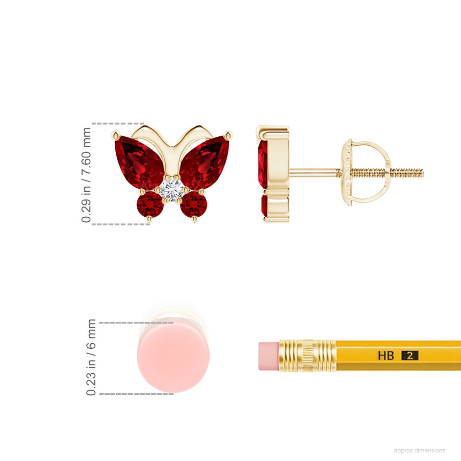 5x3mm Labgrown Lab-Grown Ruby Butterfly Stud Earrings with Lab Diamond in Yellow Gold ruler
