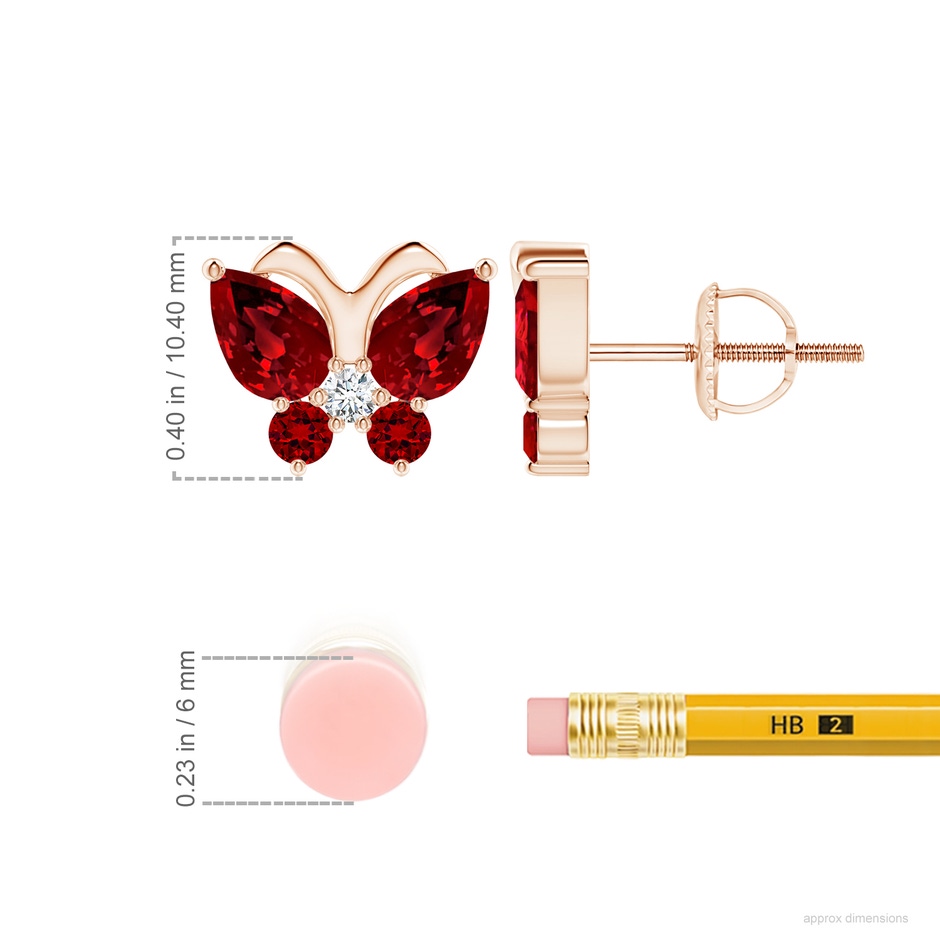7x5mm Labgrown Lab-Grown Ruby Butterfly Stud Earrings with Lab Diamond in Rose Gold ruler