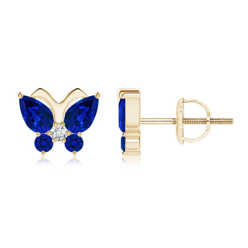 5x3mm Labgrown Lab-Grown Blue Sapphire Butterfly Stud Earrings with Lab Diamond in Yellow Gold