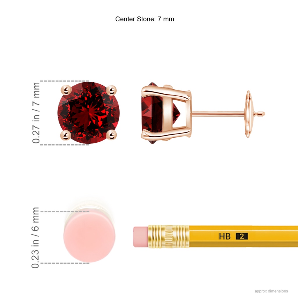 7mm Labgrown Lab-Grown Round Ruby Stud Earrings in Rose Gold ruler