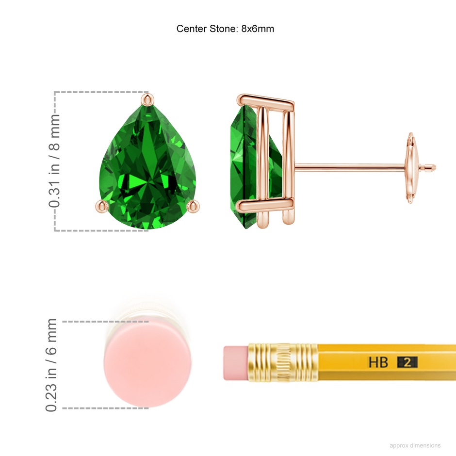 8x6mm Labgrown Lab-Grown Pear-Shaped Emerald Stud Earrings in Rose Gold ruler