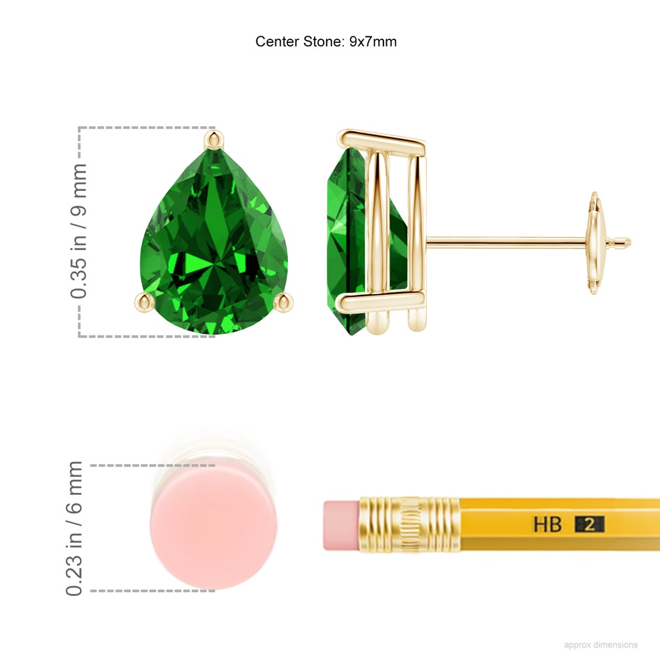 9x7mm Labgrown Lab-Grown Pear-Shaped Emerald Stud Earrings in 18K Yellow Gold ruler