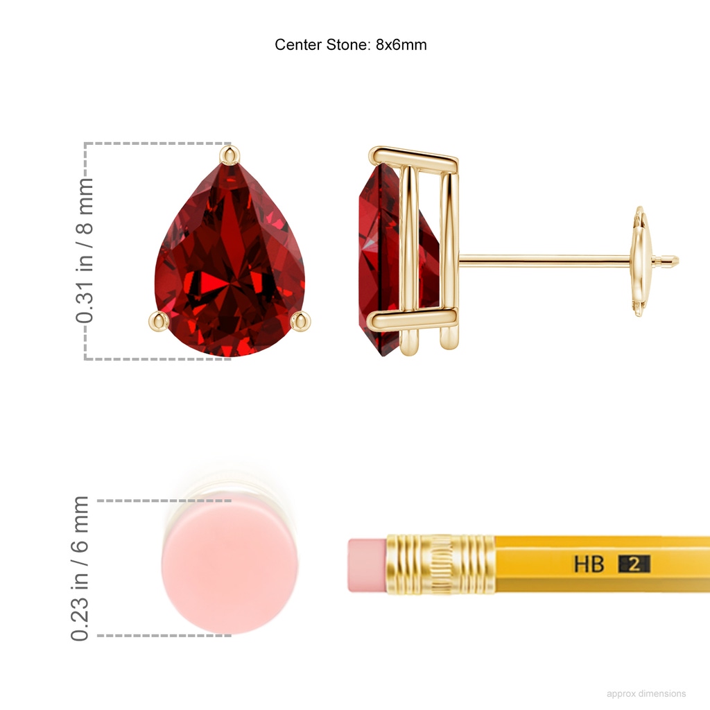 8x6mm Labgrown Lab-Grown Pear-Shaped Ruby Stud Earrings in Yellow Gold ruler