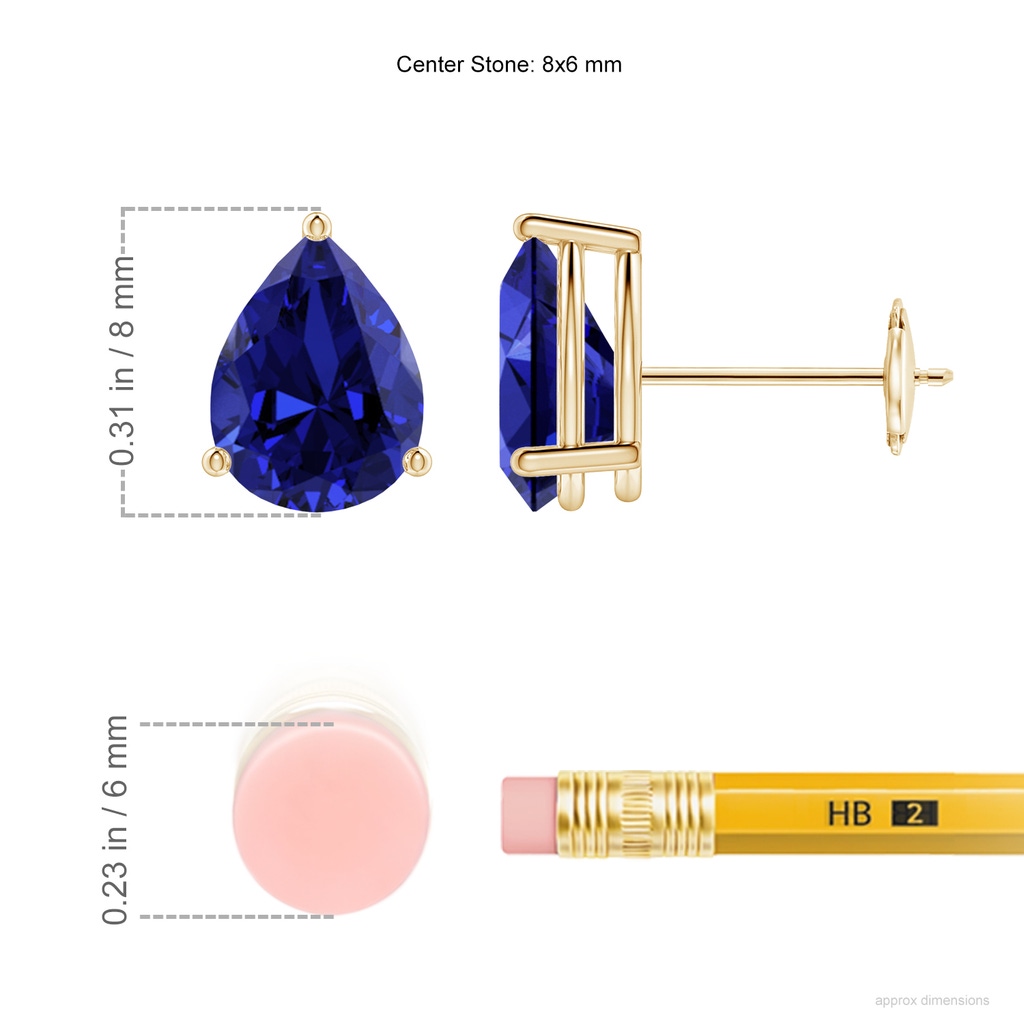 8x6mm Labgrown Lab-Grown Pear-Shaped Blue Sapphire Stud Earrings in Yellow Gold ruler
