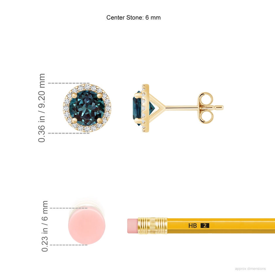 6mm Labgrown Classic Lab-Grown Alexandrite and Diamond Halo Stud Earrings in Yellow Gold ruler